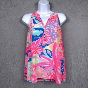 Lilly Pulitzer Top Womens XS Pink Blue Bailey Playa Hermosa Colorful Silk Preppy